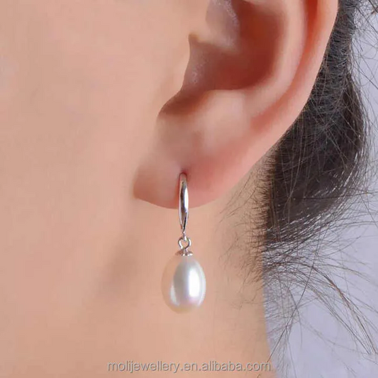 Rice Pearl with Silver Fish Silk Hook Earrings